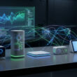 Appareils IoT connectés sur une table avec des flux de données numériques lumineux et un écran d'analyse en arrière-plan.
