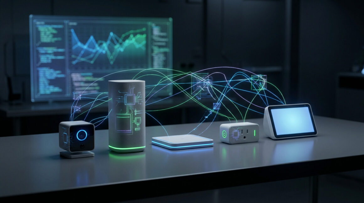 Appareils IoT connectés sur une table avec des flux de données numériques lumineux et un écran d'analyse en arrière-plan.