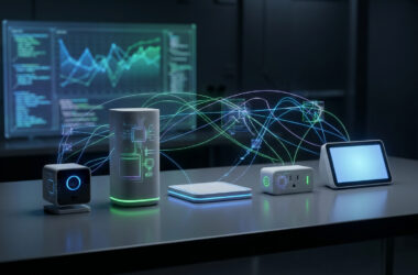 Appareils IoT connectés sur une table avec des flux de données numériques lumineux et un écran d'analyse en arrière-plan.