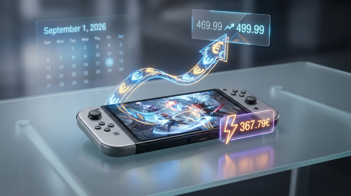 Console de jeu avec des graphismes holographiques montrant une augmentation de prix et une date en septembre 2026.