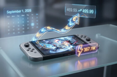 Console de jeu avec des graphismes holographiques montrant une augmentation de prix et une date en septembre 2026.