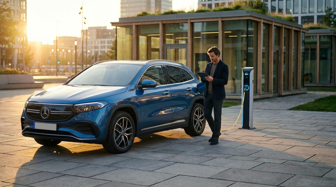 Homme utilisant une tablette près d'une voiture électrique Mercedes en charge sur un parking urbain au coucher du soleil.