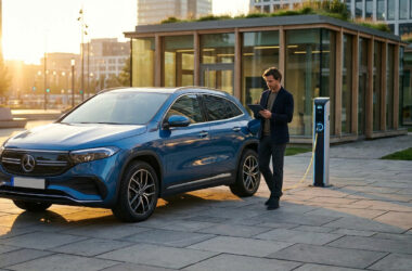 Homme utilisant une tablette près d'une voiture électrique Mercedes en charge sur un parking urbain au coucher du soleil.