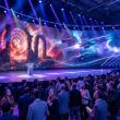 Une scène de conférence BlizzCon avec un écran géant affichant des portails magiques et des vaisseaux spatiaux.