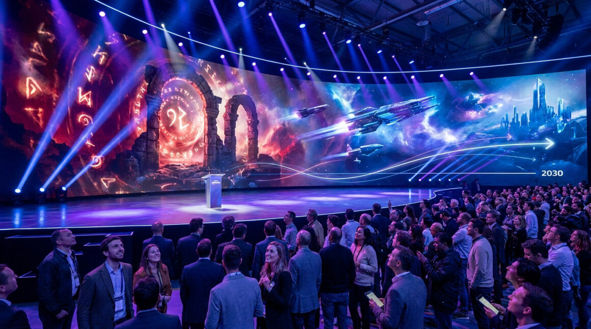 Une scène de conférence BlizzCon avec un écran géant affichant des portails magiques et des vaisseaux spatiaux.
