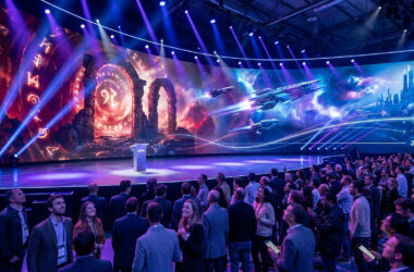 Une scène de conférence BlizzCon avec un écran géant affichant des portails magiques et des vaisseaux spatiaux.