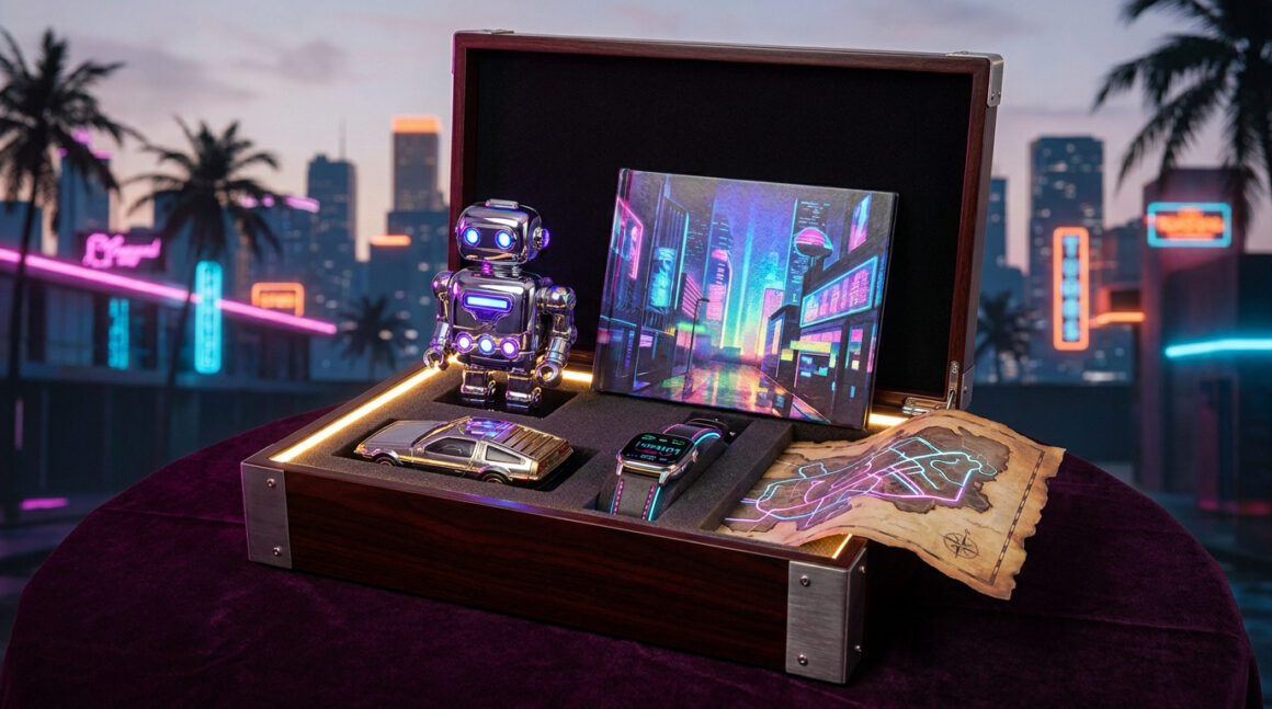 Coffret collector GTA 6 avec figurine robot, voiture miniature, montre et carte sur fond de ville néon.