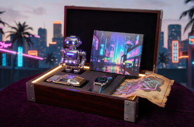 Coffret collector GTA 6 avec figurine robot, voiture miniature, montre et carte sur fond de ville néon.