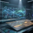 Mains analysant des équations de fluide sur écran holographique dans une salle de serveurs high-tech.