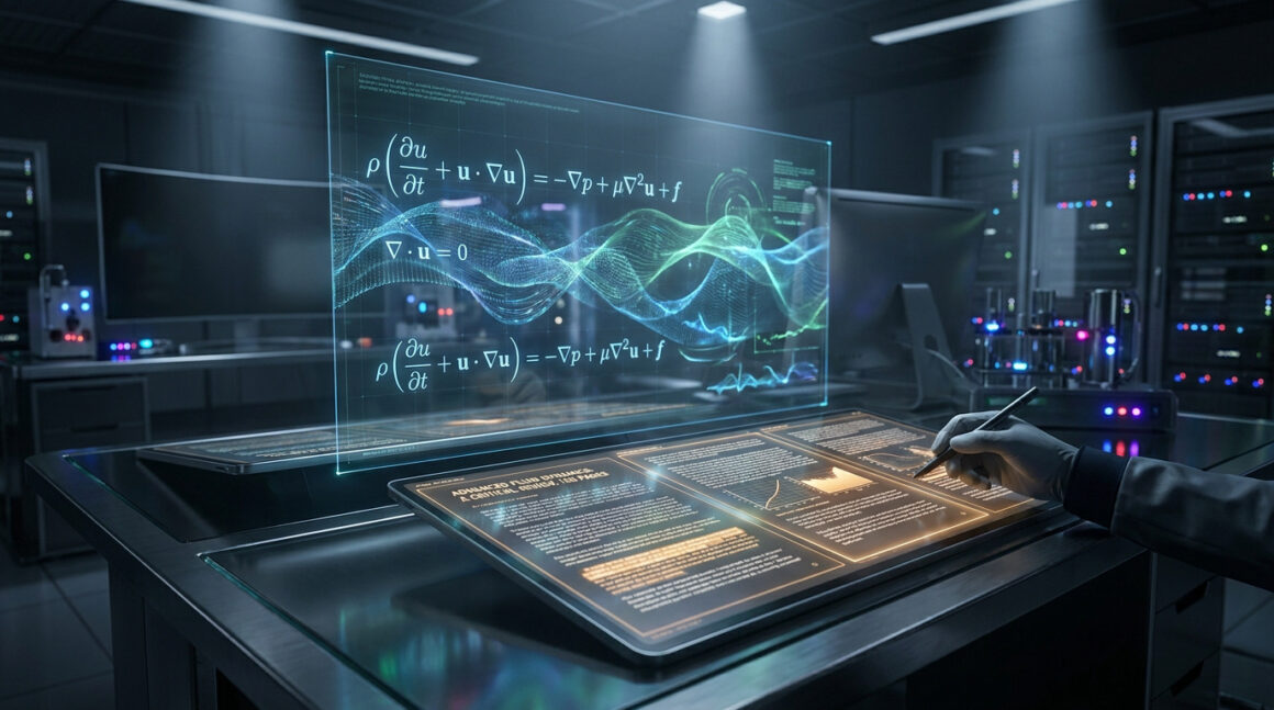 Mains analysant des équations de fluide sur écran holographique dans une salle de serveurs high-tech.