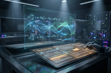 Mains analysant des équations de fluide sur écran holographique dans une salle de serveurs high-tech.