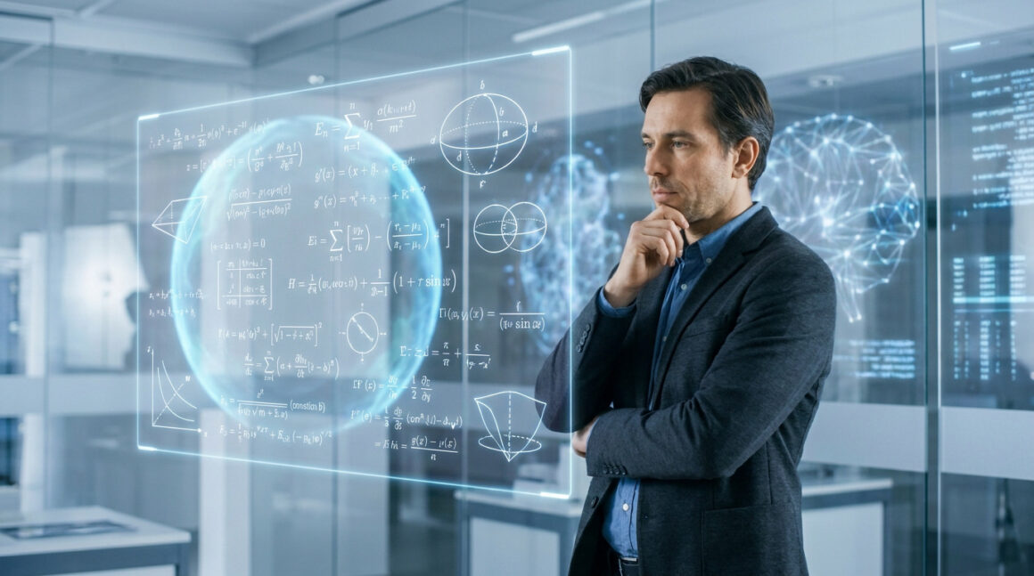 Un chercheur pensif devant une interface holographique affichant des équations mathématiques complexes et une sphère.