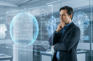 Un chercheur pensif devant une interface holographique affichant des équations mathématiques complexes et une sphère.