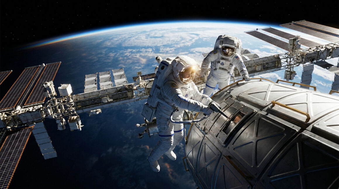 Deux astronautes en combinaison spatiale travaillant à l'extérieur de la Station spatiale internationale, la Terre en fond.