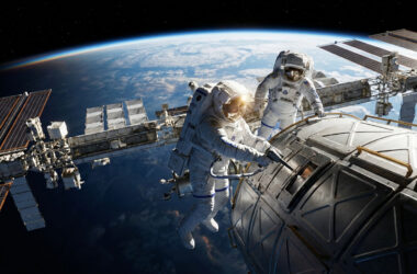 Deux astronautes en combinaison spatiale travaillant à l'extérieur de la Station spatiale internationale, la Terre en fond.