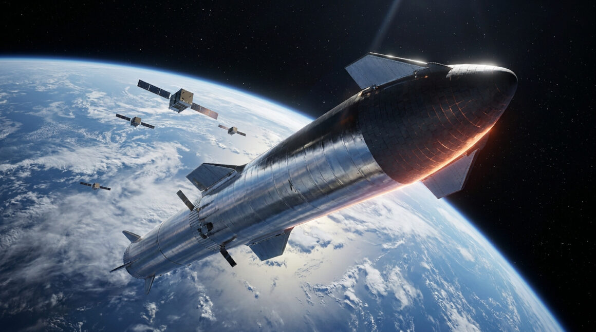 Le vaisseau spatial Starship évoluant en orbite au-dessus de la Terre avec des satellites en arrière-plan.