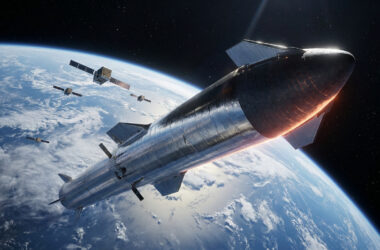 Le vaisseau spatial Starship évoluant en orbite au-dessus de la Terre avec des satellites en arrière-plan.