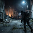 Un survivant solitaire explore une rue sombre et dévastée par les ruines dans une atmosphère apocalyptique.