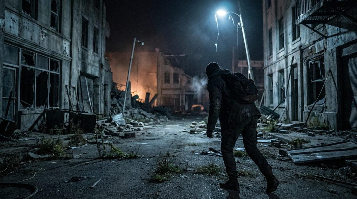 Un survivant solitaire explore une rue sombre et dévastée par les ruines dans une atmosphère apocalyptique.