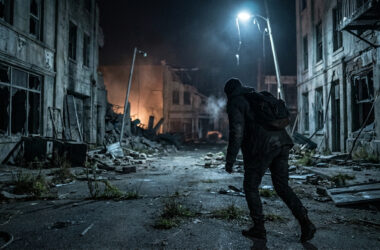 Un survivant solitaire explore une rue sombre et dévastée par les ruines dans une atmosphère apocalyptique.