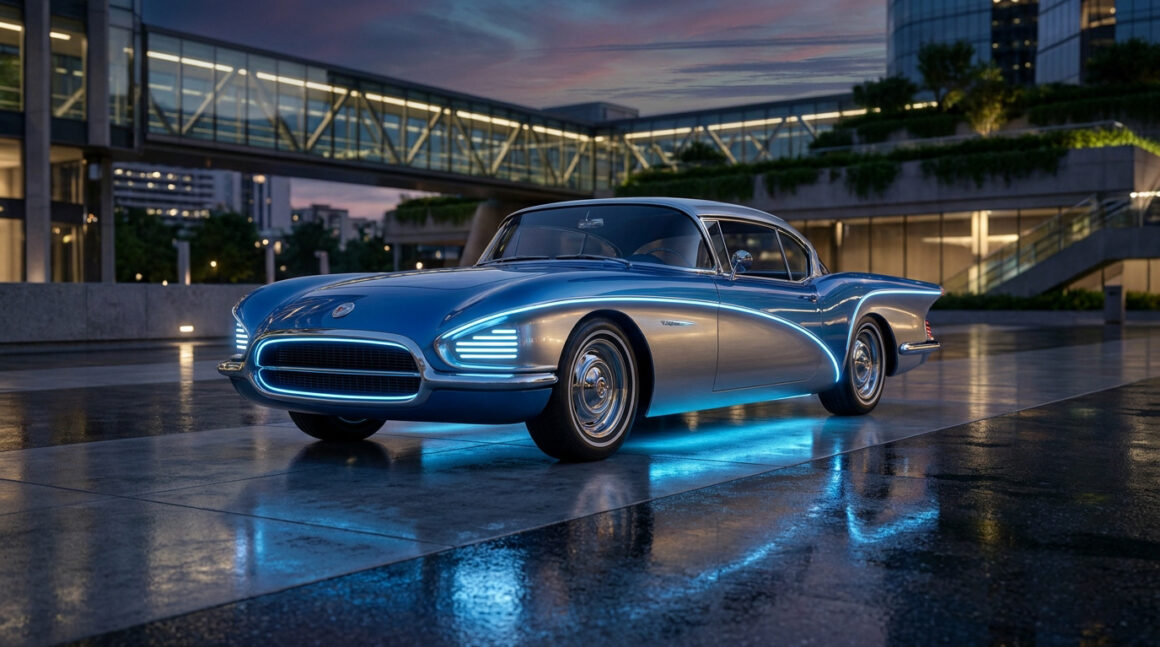 Une voiture de sport bleue au design rétro-futuriste stationnée sur une place moderne avec des lumières LED néon.