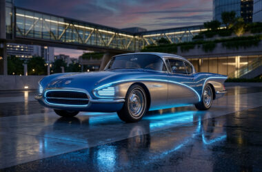Une voiture de sport bleue au design rétro-futuriste stationnée sur une place moderne avec des lumières LED néon.