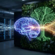 Cerveau numérique brillant devant un mur végétal dans un centre de données futuriste avec des flux de données lumineux.
