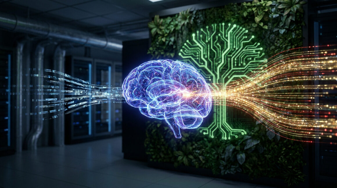 Cerveau numérique brillant devant un mur végétal dans un centre de données futuriste avec des flux de données lumineux.