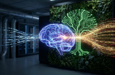 Cerveau numérique brillant devant un mur végétal dans un centre de données futuriste avec des flux de données lumineux.