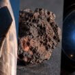 Montage avec une fusée Starship, une roche volcanique et une étoile brillante dans l'espace.