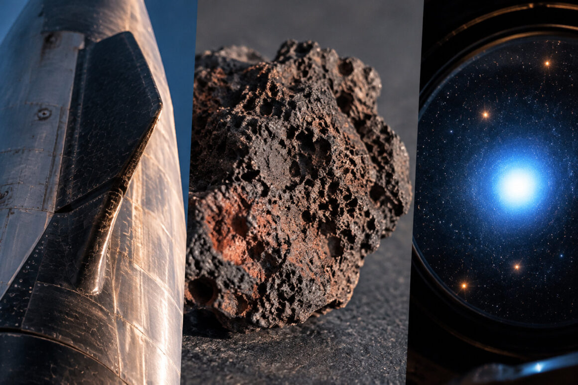 Montage avec une fusée Starship, une roche volcanique et une étoile brillante dans l'espace.