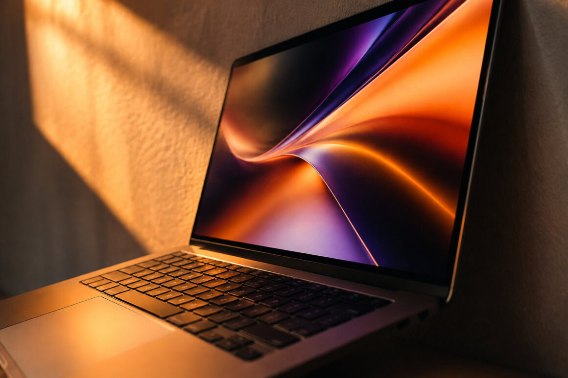Un MacBook Pro moderne avec un écran OLED affichant des courbes lumineuses orange et violettes sous un éclairage doux.