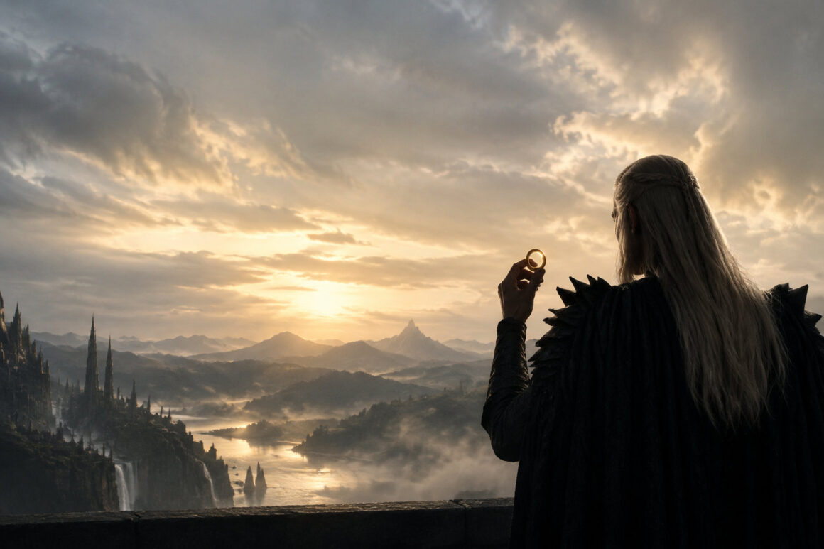Sauron de dos, vêtu de noir, tient l'Anneau Unique devant un paysage fantastique au coucher du soleil.
