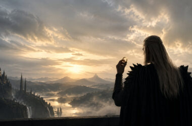 Sauron de dos, vêtu de noir, tient l'Anneau Unique devant un paysage fantastique au coucher du soleil.
