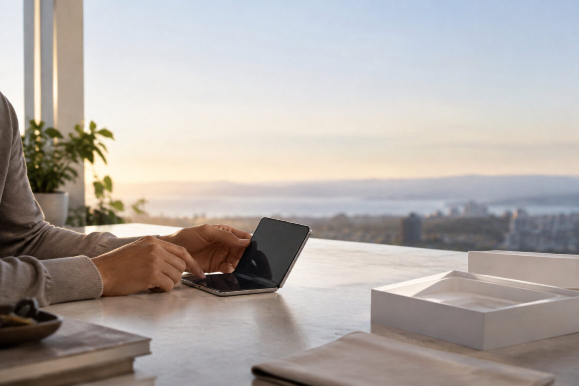 Une personne manipulant un smartphone pliable sur une table avec une vue panoramique en arrière-plan.