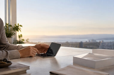 Une personne manipulant un smartphone pliable sur une table avec une vue panoramique en arrière-plan.