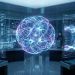 Centre de commande futuriste avec une interface holographique représentant une structure de données complexe.