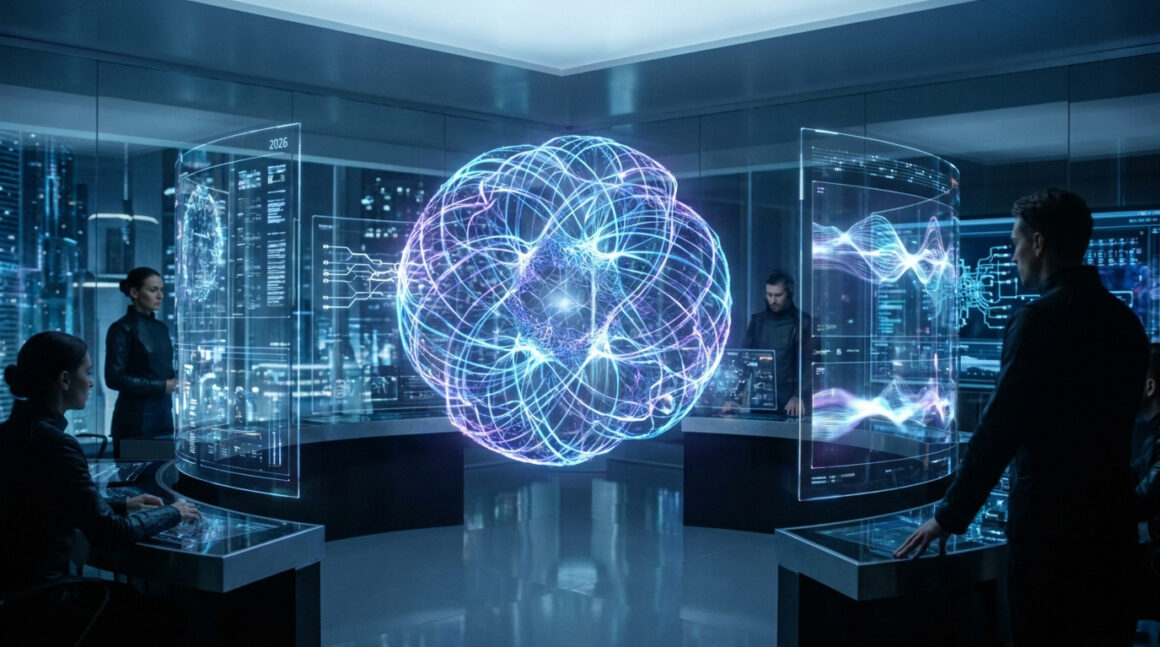 Centre de commande futuriste avec une interface holographique représentant une structure de données complexe.