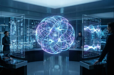 Centre de commande futuriste avec une interface holographique représentant une structure de données complexe.